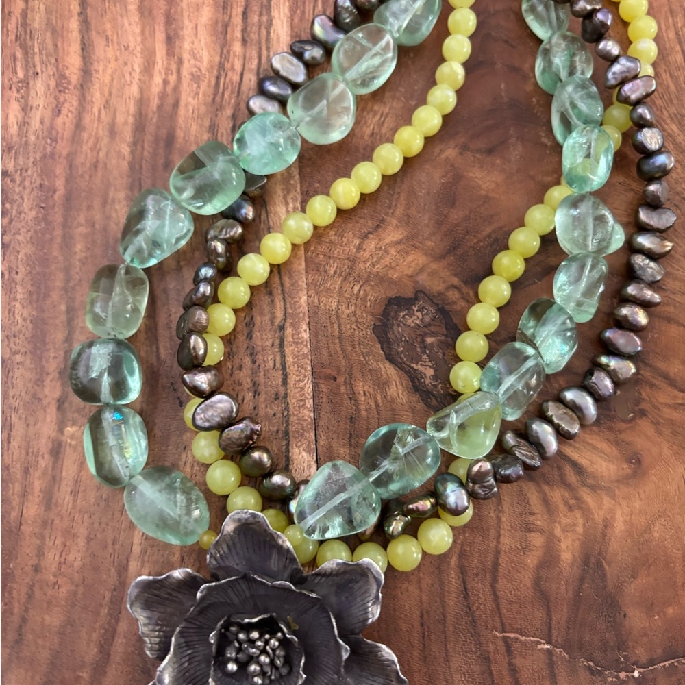 Multi-Strand Green & Yellow Beaded Necklace with Fine Silver Floral Pendant 220g